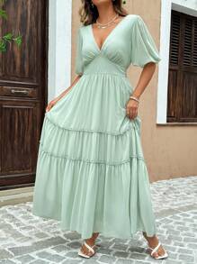 SHEIN Unity Đầm dạ hội xếp tầng xẻ tà tay bồng cổ chữ V sâu cỡ lớn - Màu xanh Bạc hà - Xem 4