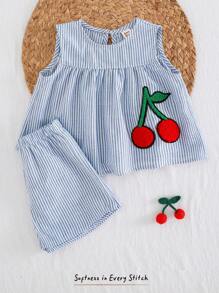 Cozy Pixies 2pcs Baby Girls Colorful Stripe Print Round Neck Sleeveless Top And Elastic Waist Shorts Set Cherry Baby Outfit Two Piece Baby Outfit Two Piece Set Baby Girl Striped Baby Outfit Fruit Outfits For Baby Girl