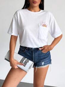 SHEIN maglietta casual da donna con scollo a equipaggio, maniche corte a goccia sulle spalle, tasche e stampa di soli estiva