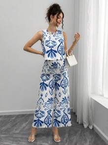 Momance 休闲花卉印花上衣和宽松阔腿裤孕妇套装 - 藍白色 - 查看 5