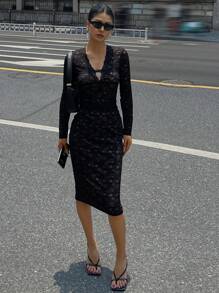 DAZY 女士弹力蕾丝 V 领长袖性感中长连衣裙，秋季连衣裙 - 黑色 - 查看 3