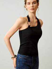 Uhlyne Women's Solid Color Metal Ring Decor Halter Neck Summer Waist Top, Elegant & Sexy
