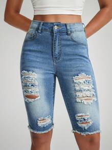 SHEIN Essnce Distressed Pockets Contrast Color Casual Versatile Skinny Denim Capri Pants