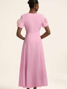 GENKIRA Elegant Women's Lavender Summer Round V-Neck Dress,Wedding Ninang 3D Floral Decoration,Waistline Defining,Flared Skirt,Luxurious Sophisticated Design - Pink - View 6
