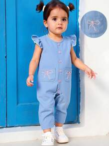 SHEIN 女婴可爱刺绣蝴蝶结口袋连体衣，春夏款