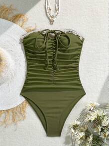 Swim Vcay 1pc Brown Ribbed Starfish & Shell Trim Strapless Elegant Swimsuit For Women, One-Piece For Summer Beach Vacation - Army Green - View 7