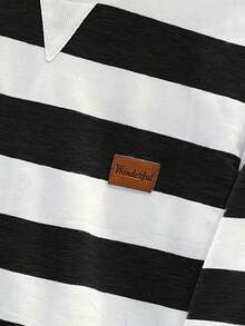 SHEIN Áo nỉ dài tay cổ tròn in họa tiết sọc đa năng thoải mái, rộng rãi cho bé trai tuổi teen, thích hợp mặc khi đi chơi và đi học, áo sơ mi dài tay, áo nỉ sọc đen trắng vào mùa thu/đông - màu đen - Xem 4