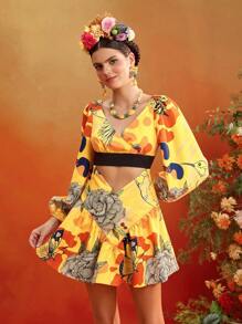 ISELACOS Frida Kahlo X SHEIN X Designer 全身印花灯笼袖镂空迷你连衣裙女士夏季连衣裙度假装 - 黃色 - 查看 3