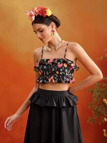 Frida Kahlo X SHEIN X Designer Oxana 黑色花卉印花荷叶边修身短款吊带背心，女款夏季假日