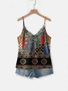 EMERY ROSE 加大码 V 领蕾丝拼接黑色花卉佩斯利印花吊带背心，优雅度假、约会、派对风格 - 彩色 - 查看 6