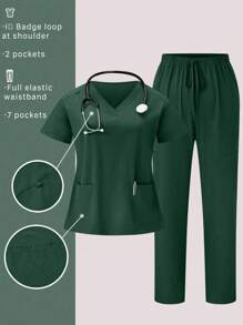 TaskEZ Plus Size Solid Color Scrub Top With Pocket And Drawstring Pants 2 Pieces Set