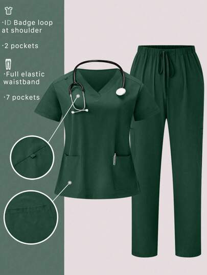TaskEZ Plus Size Solid Color Scrub Top With Pocket And Drawstring Pants 2 Pieces Set