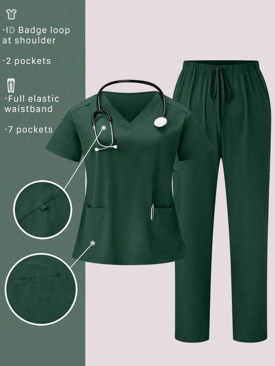 TaskEZ Plus Size Solid Color Scrub Top With Pocket And Drawstring Pants 2 Pieces Set