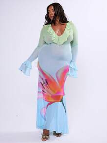 MUSERA Plus Size Plunge V Neck Ruffle Trim Floral Print Long Sleeve Dress Wedding Guest Elegant Prom Graduation Summer