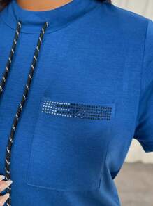 EMERY ROSE Plus Size Women Casual Sequin Decor Drawstring Short Sleeve T-Shirt Without Hood, Summer - Blue - View 7