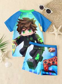 Conjunto de traje de baño informal para niño con camiseta de manga corta de cuello redondo con estampado de dibujos animados y pantalones cortos, apto para el verano