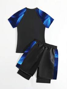 男童印花两件套泳衣套装 - 藍色 - 查看 2