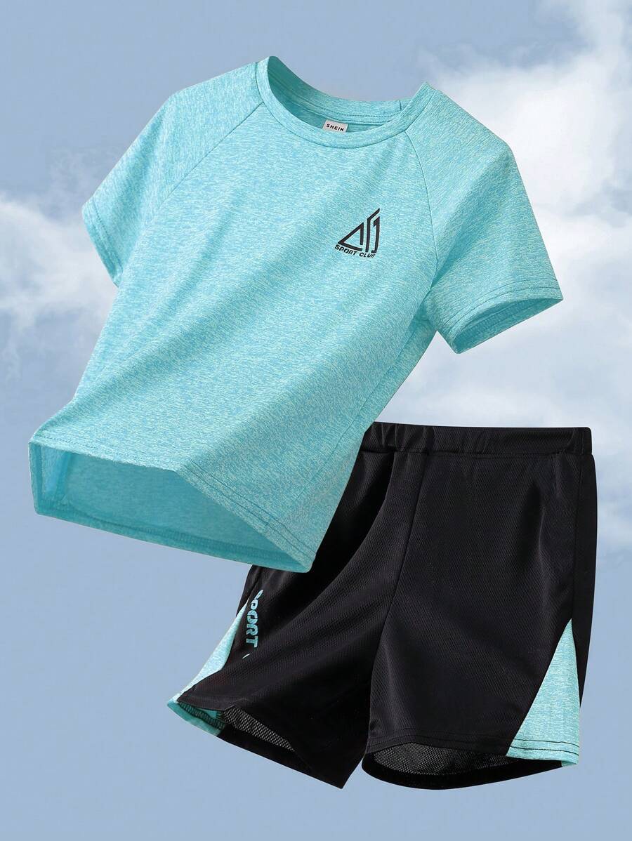 SHEIN 2pcs/Set Tween Boy Colorblock Pattern T-Shirt And Shorts Sports Outfit - Green - View 1