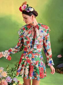 Redefinition Frida Kahlo X SHEIN X Designer بلوزة نسائية بطبعات زهور ذات أكمام بيشوب طويلة ورقبة مكشكشة وأزرار للصيف والعطلات والأجازات - متعدد الألوان - مشاهدة 5