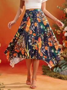 Frida Kahlo X SHEIN X Designer Oxana Floral Print Pleated Asymmetrical Hem High Waist Women Midi Skirt Summer Holiday