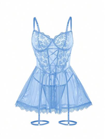Mesh Splice Bow Verleidelijke Lingerie Set (Underwire Slip Dress, Removable Garter Belt, Thong) Going Out view 6