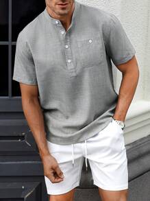Manfinity CasualCool 2 buc/set bărbați vară patchwork buzunar Henley mânecă scurtă cămașă și pantaloni scurți cu șnur în talie