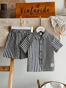 SHEIN Vintaside Kids 2 件套幼儿男童格子短袖休闲衬衫和短裤套装，夏季