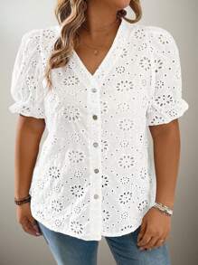 Flouryn Plus Size Women Embroidered V-Neck Puff Sleeve Button Down Shirt - White - View 3