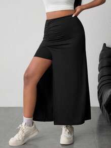 SHEIN Gonna plissettata nera casual personalizzata in maglia per ragazze adolescenti, in un colore tinta unita, con spacco laterale, arricciata, gonna midi aderente senza fodera, adatta per la primavera/autunno, per uso casual quotidiano