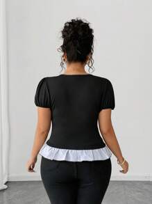 Elenzga 大码女式休闲条纹拼接黑色修身短袖荷叶边T恤 - 黑色 - 查看 2