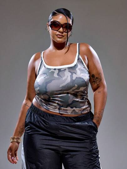 MUSERA Plus Size Women Double Layer Contrast Camo Cami Top Streetstyle Holiday 90's Y2k Cute Casual City Muse