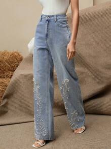 Anewsta 女士高腰时尚水钻珍珠装饰宽松阔腿直筒牛仔裤 - 藍色 - 查看 4
