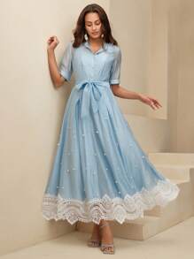 Anewsta 女式透明不对称下摆长裙，镂空短袖设计 - 藍色 - 查看 6