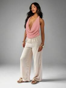 MISSGUIDED Halter Neck Sleeveless Cowl Neckline Tank Top Textured Evening Summer Spring Backless Party Casual Blouse - Baby Pink - View 3