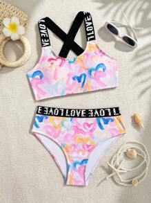 Conjunto de bikini elegante y lindo con estampado de corazón, decorado con cinta y con tirantes ajustables, adecuado para vacaciones, playa, verano para niñas preadolescentes