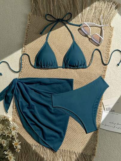 SHEIN Swim Set de 3 piezas de traje de baño tipo bikini con parte superior estilo hálter anudado, unicolor y minifalda con diseño aleatorio estampado, para mujeres en verano y playa