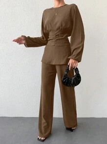 EURMUSE 女士休闲通勤长袖上衣和裤子两件套 - 摩卡棕 - 查看 3