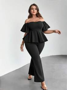 SHEIN Privé de hombros descubiertos Top peplum & Pantalones acampanados - Negro - Ver 3