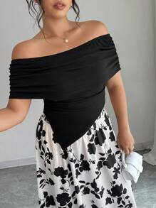 Elenzga Plus Size Women's Off Shoulder Asymmetrical Hem Top & Floral Print Skirt 2 Pieces Set, For Holiday - Multicolor - View 4