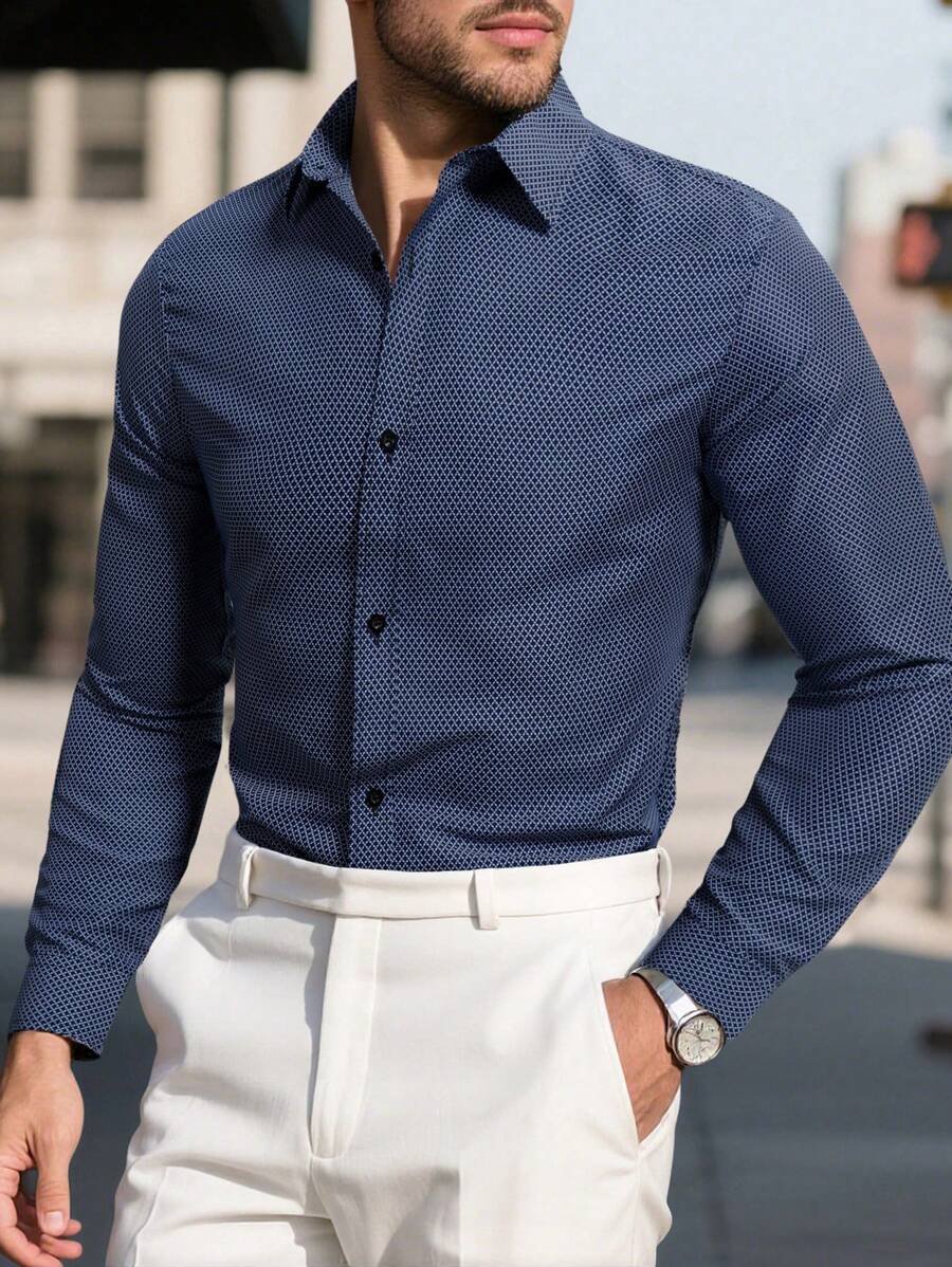 Manfinity Mode 男士休闲商务格子印花长袖衬衫，春秋季奢华男士衬衫，适合秋季 - 藏蓝色 - 查看 1