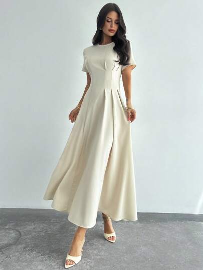 Firerie 女士新款多用途褶皱浅杏色休闲优雅仿亚麻面料连衣裙，适合度假、海滩、办公室、休闲日常穿着/节日/女士毕业礼服/商务休闲女装/太阳裙