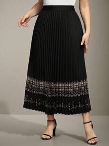 Flouryn Plus Size Women's Black Pleated Pattern Elastic Waist Casual Skirt For Outdoor, Commute, Work Maxi Fall Cloth For Women - Multicolor - View 6