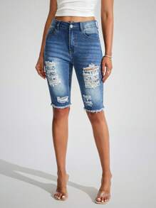 SHEIN Essnce Ripped Pocket Color Contrast Casual Versatile Skinny Denim Capri Pants - Dark Wash - View 5