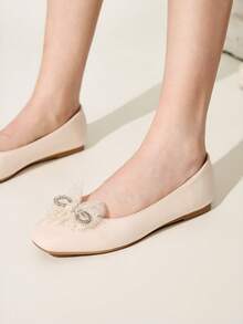 CUCCOO CHICEST 女鞋，新款秋冬闪亮水晶蝴蝶结网眼方头平底鞋，优雅甜美时尚舒适米色仿皮正装鞋，芭蕾平底鞋，适合下午茶、约会、优雅装扮、校园风格、生日派对、圣诞节、感恩节、情人节 - 米色 - 查看 6