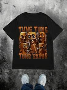 Glimmora 复古“Tung Tung Tung Sahur”T恤，趣味“Tung Tung Tung Sahur”T恤，Y2K女士时尚，商务休闲，沙滩休闲T恤 - 黑色 - 查看 1