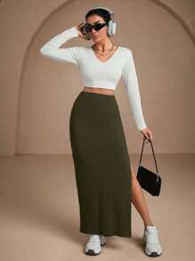 EURMUSE Women Solid Color Slit Detailed Tube Skirt - Army Green - View 3