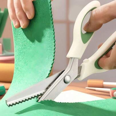 Kéo cắt may lưỡi răng cưa màu xanh lá cây tự dán vải nghệ thuật chống sờn kéo may chuyên nghiệp lưỡi thép cacbon tay cầm tiện dụng dụng cụ thủ công tự làm viền quần jean