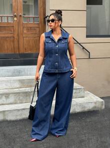 SHEIN ICON 大码女式口袋宽松喇叭休闲百搭牛仔裤 - 深色水洗藍 - 查看 4