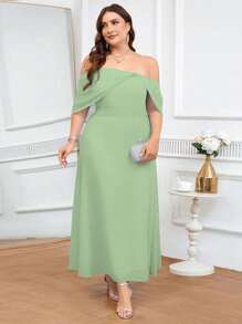 Coutiva Gaun Bridesmaid Ukuran Plus Elegan Polos Tanpa Bahu - Hijau - View 4