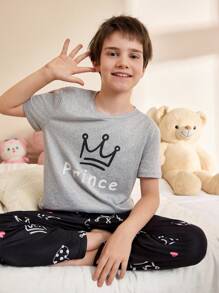 SHEIN 皇冠印花短袖和长裤男童睡衣套装 - 灰色 - 查看 5